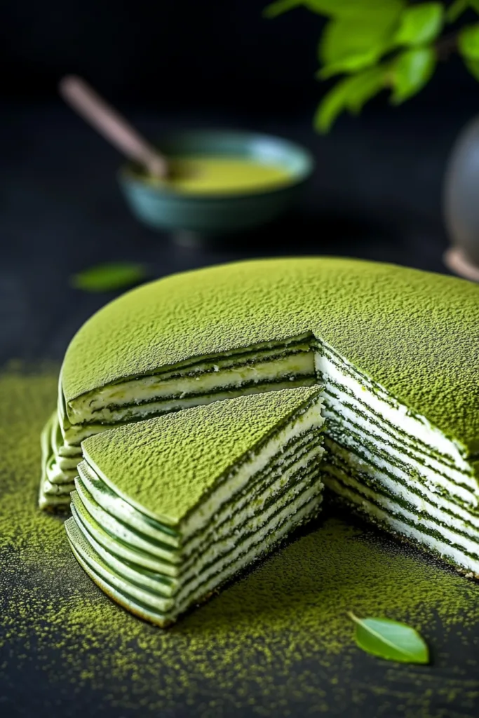 Elegant presentation of a matcha-flavored crepe cake with artistic powder scattered on the plate.