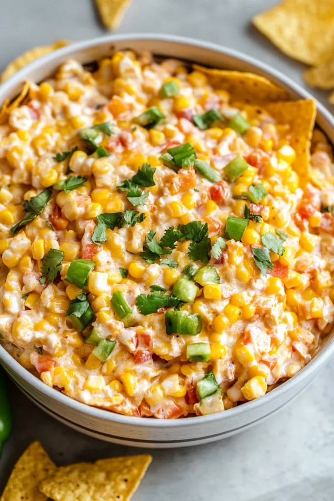 Close-up of cheesy corn dip with diced peppers and golden tortilla chips for dipping.