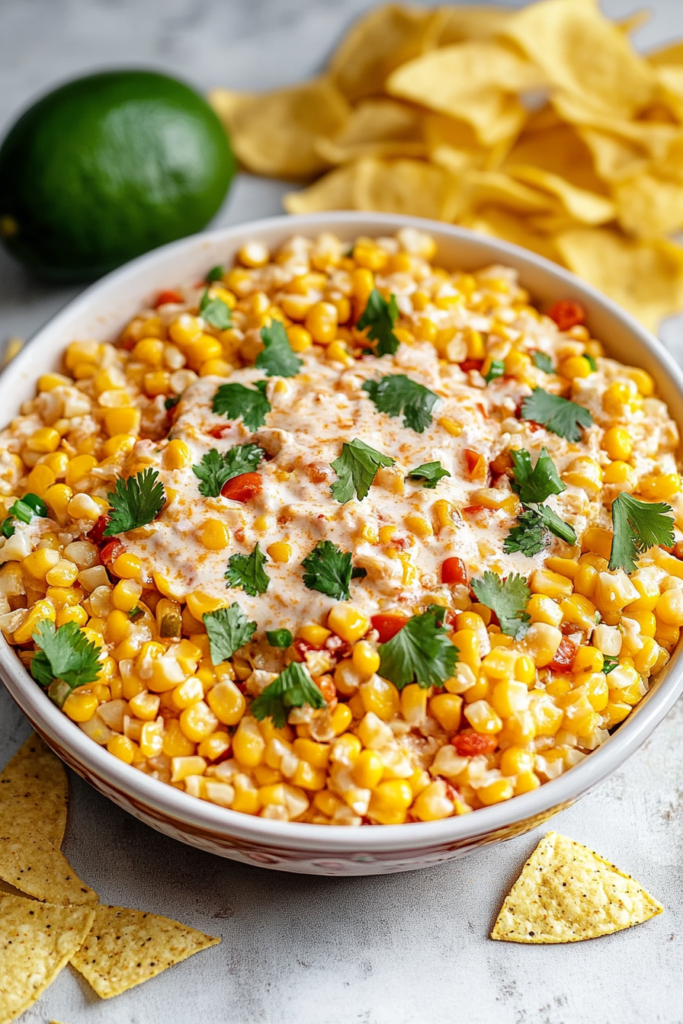 Final plated shot of creamy party dip with corn, peppers, and fresh herbs.
