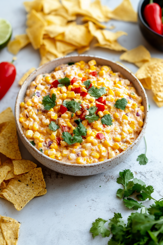 A creamy corn dip topped with fresh cilantro and green onions, surrounded by tortilla chips.