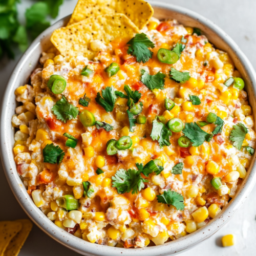 Mexican corn dip served in a bowl, colorful with red peppers, corn kernels, and herbs.