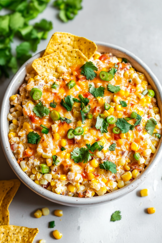 Mexican corn dip served in a bowl, colorful with red peppers, corn kernels, and herbs.