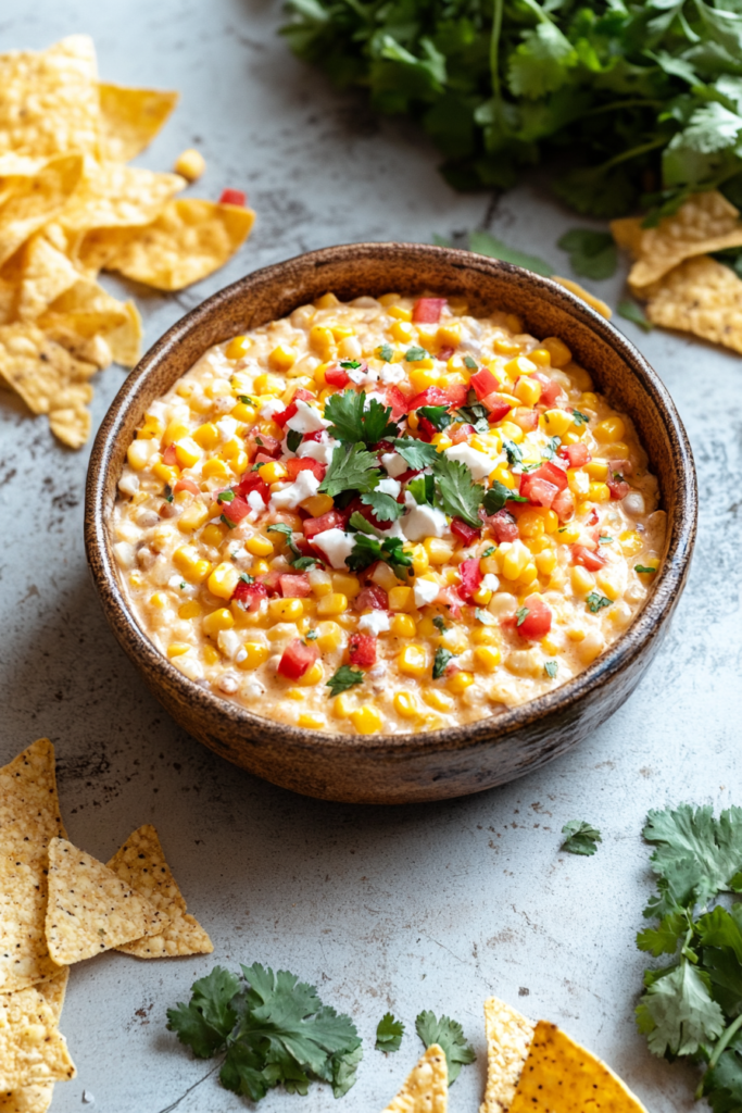 Classic Mexican corn dip, rich and creamy, paired with crunchy tortilla chips.