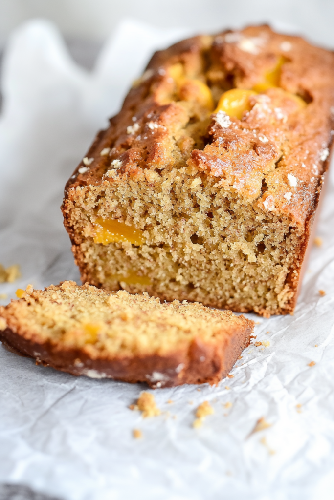 Loaf dusted lightly with powdered sugar, resting on parchment with scattered crumbs.