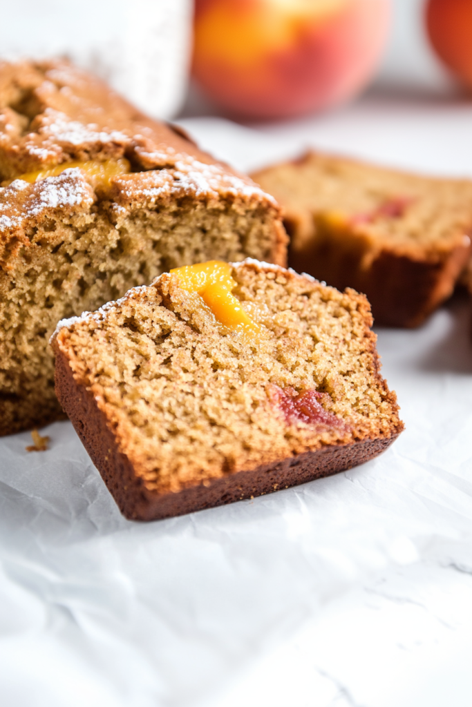 Warm bread with a cracked top and tender interior, highlighting baked peach chunks.