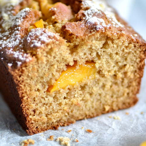Final presentation of Moist Spiced Peach Bread with a golden crust and fruity center
