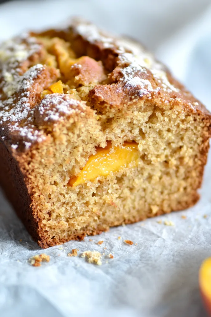 Final presentation of Moist Spiced Peach Bread with a golden crust and fruity center