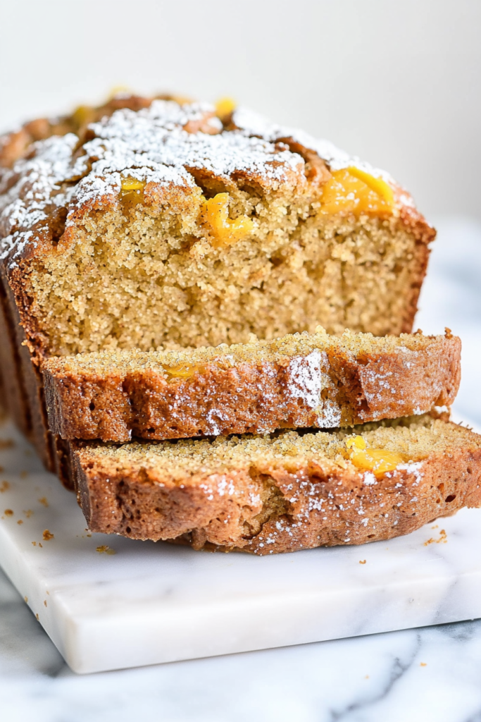 Freshly baked loaf with a golden crust and visible peach pieces in the crumb.