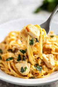 Monterey chicken spaghetti casserole served golden and cheesy, fresh from the oven.