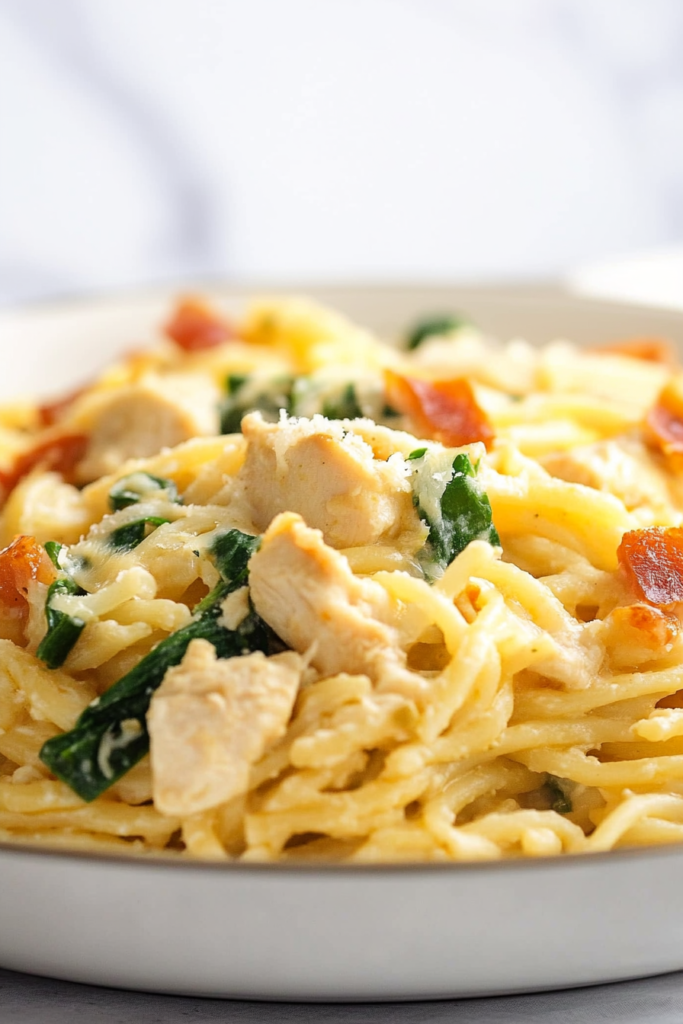 Close-up of pasta coated in rich sauce, topped with melted cheese and herbs.