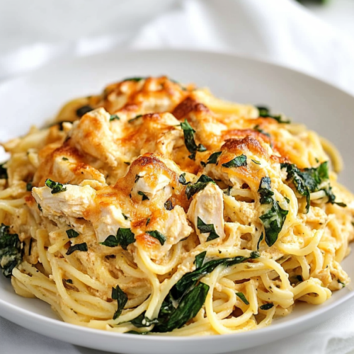 Final plated shot of creamy spaghetti with tender chicken chunks and Parmesan garnish.