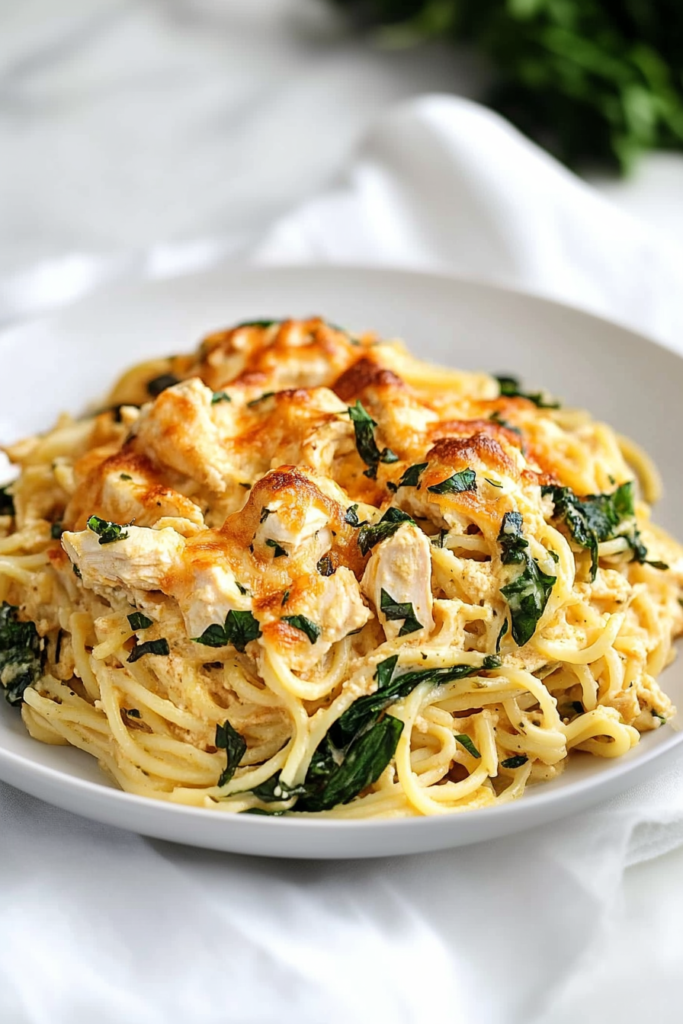 Final plated shot of creamy spaghetti with tender chicken chunks and Parmesan garnish.