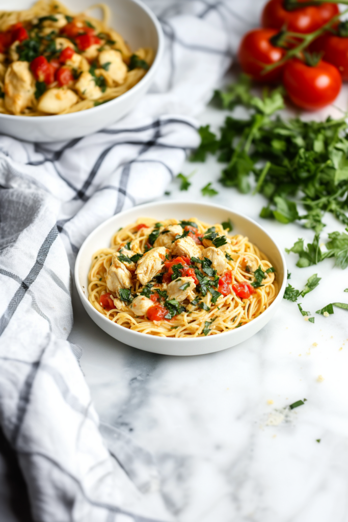 A creamy baked spaghetti dish with chicken, spinach, and crispy bacon pieces.