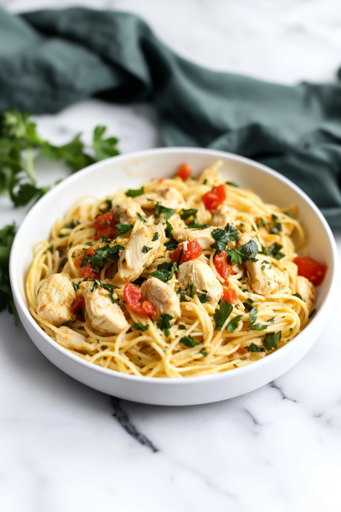 Classic Monterey chicken spaghetti casserole, loaded with bacon, spinach, and gooey cheese.