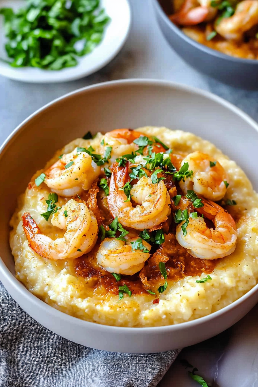 Finished shrimp dish served in a bowl with herbs and a thick, comforting base.