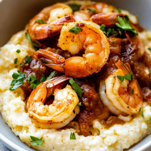 Close-up of tender shrimp served over smooth, buttery grits with a savory glaze.