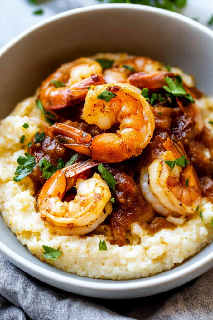 Close-up of tender shrimp served over smooth, buttery grits with a savory glaze.