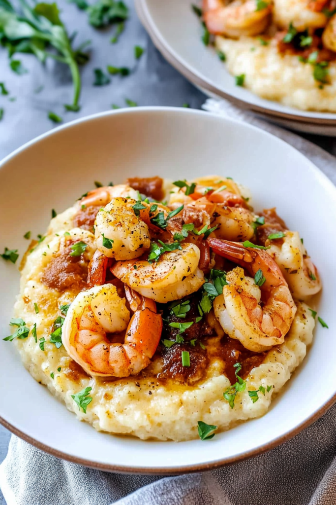 Plated shrimp and grits garnished with chopped parsley, ready to serve.