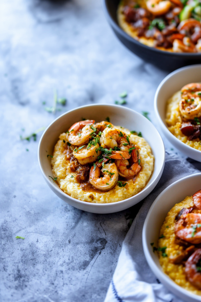 Bowl of creamy grits topped with sautéed shrimp, rich sauce, and fresh herbs.