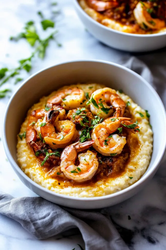 Juicy shrimp nestled on a bed of creamy grits with a deep, flavorful sauce.