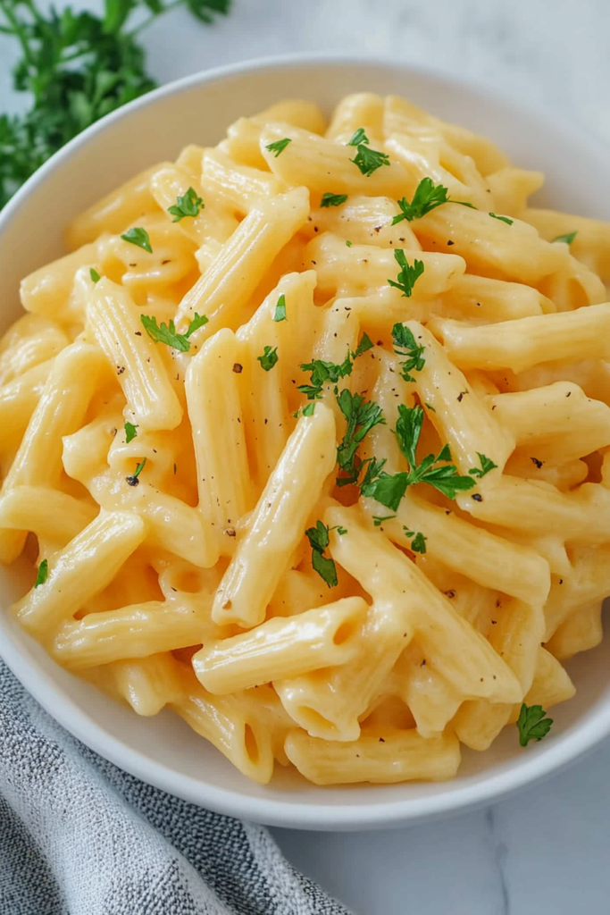 Close-up of rich, cheesy pasta with a smooth sauce and herb garnish.