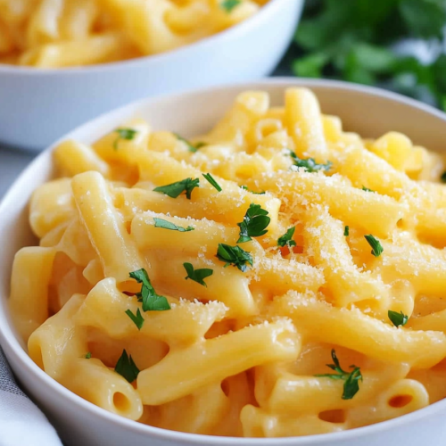 Final plated shot of cheesy macaroni with golden sauce and a sprinkle of parsley.