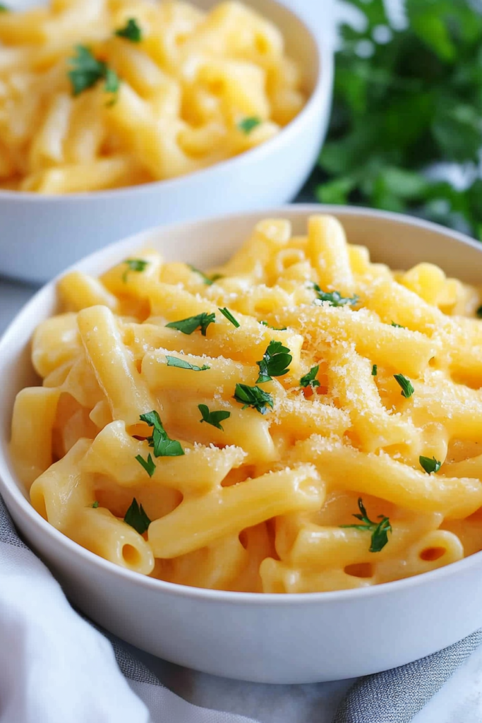 Final plated shot of cheesy macaroni with golden sauce and a sprinkle of parsley.