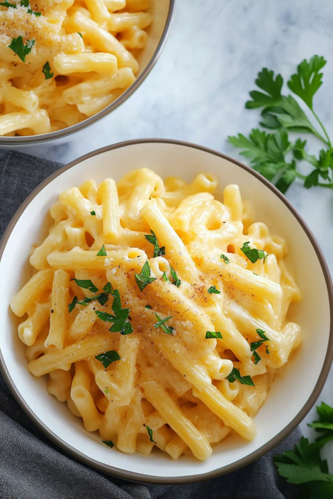 Bowl of ultra-creamy cheese pasta inspired by a popular steakhouse side dish.