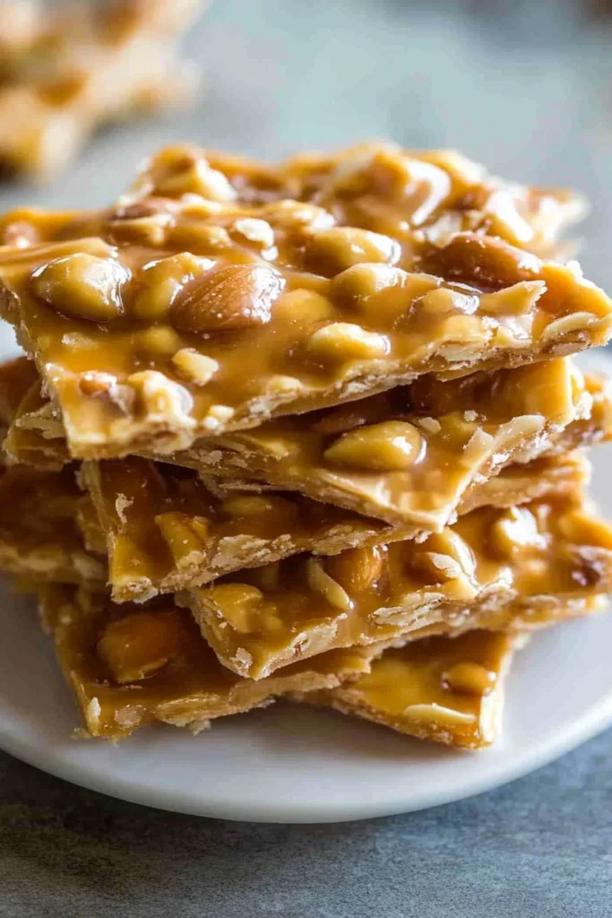 Close-up of crunchy caramel candy with embedded peanuts, broken into thin shards and served on a white plate.