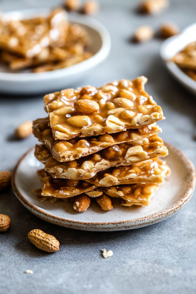 Stack of thin, crisp caramelized peanut candy pieces highlighting their brittle texture and rich color.