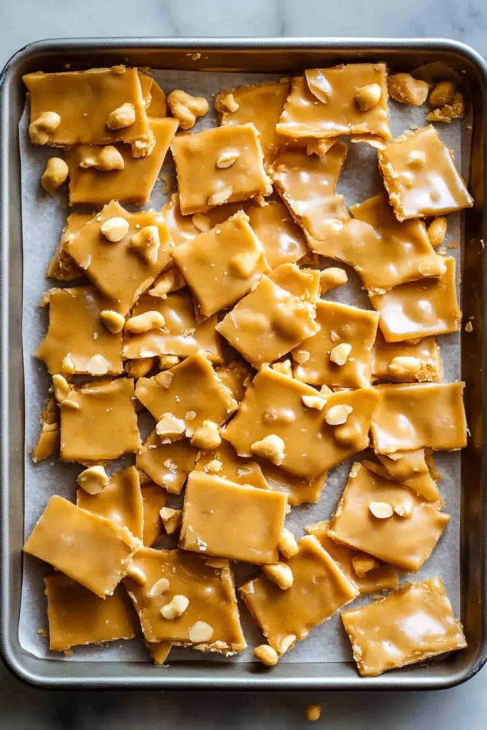 Detailed view of crunchy peanut candy squares with smooth caramel coating and roasted nuts.