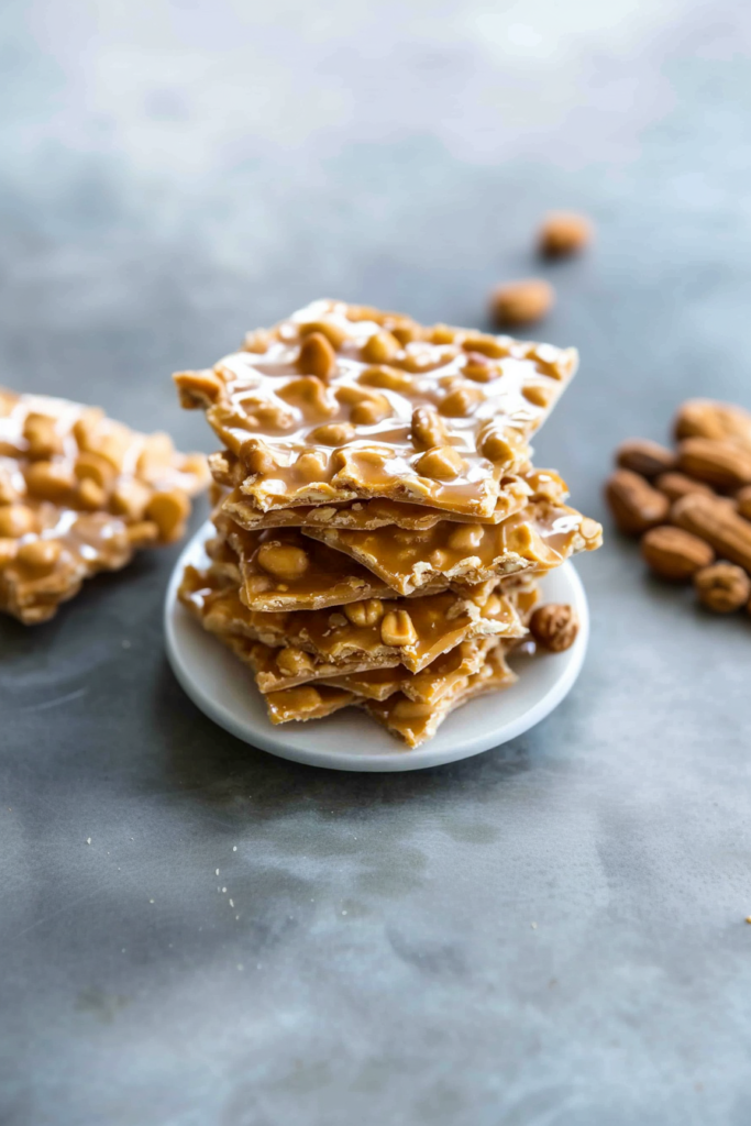 Golden, glossy peanut brittle pieces stacked on a plate, showing a crisp caramel texture with whole roasted peanuts.
