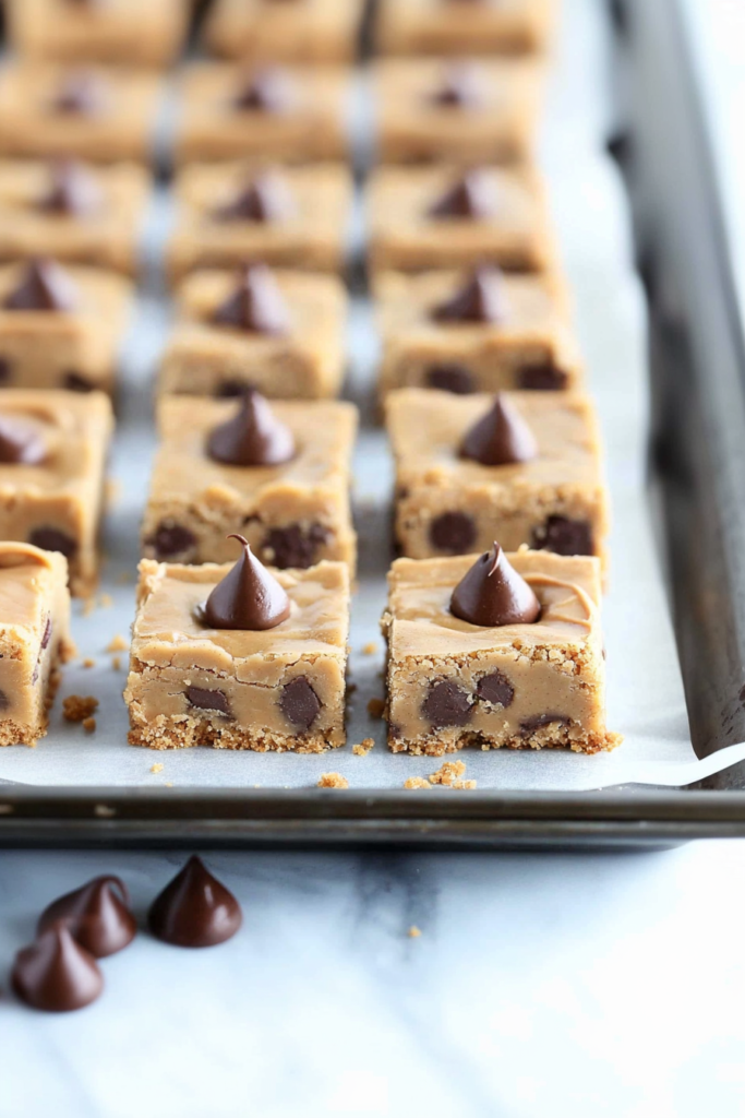 Square dessert bars topped with chocolate kisses arranged on a baking tray.