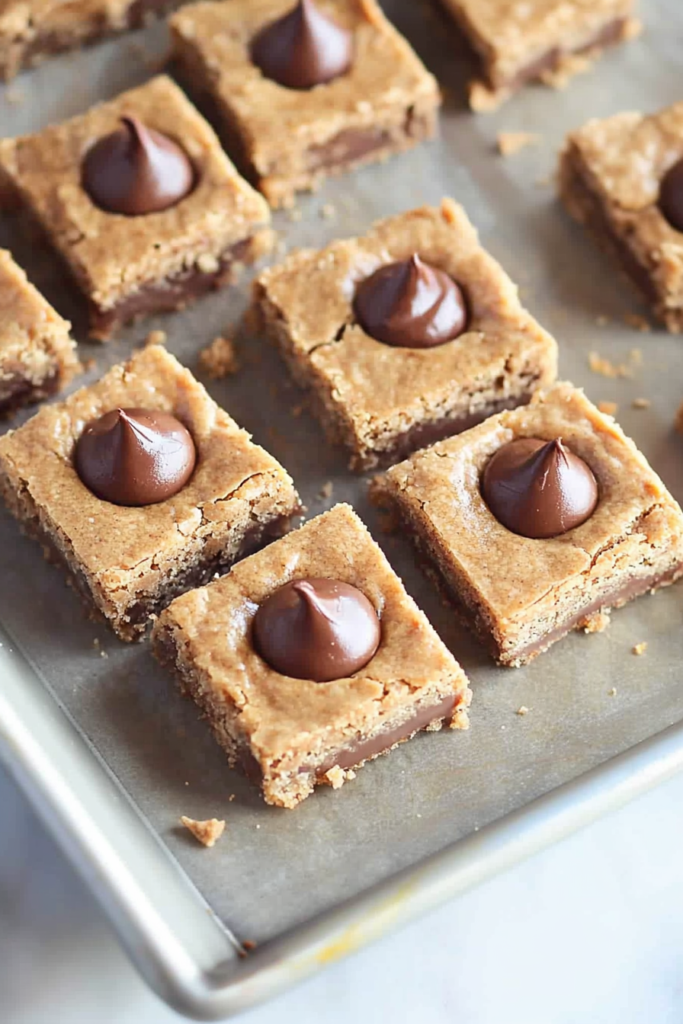 Close-up of soft dessert bars with chocolate pieces baked into the top.