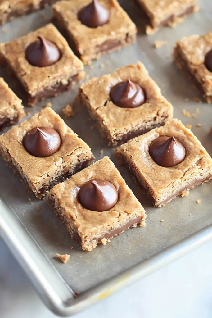 Close-up of soft dessert bars with chocolate pieces baked into the top.