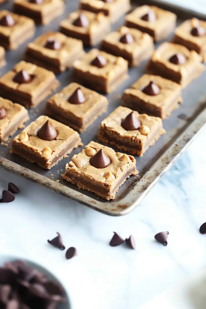 Homemade dessert bars with a chewy texture and chocolate candy topping.