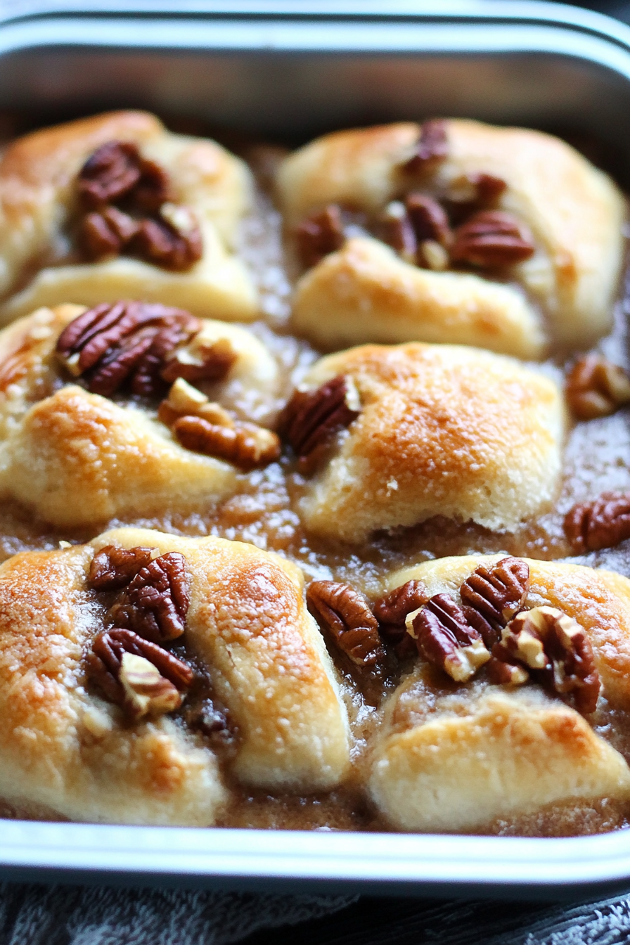 Golden pecan cream cheese rolls fresh from the oven, drizzled with glossy caramel glaze.
