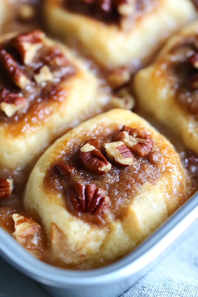 Close-up of soft, swirled pastry topped with chopped pecans and a shiny syrup finish. - Stacked sweet rolls on a rustic plate, their creamy centers peeking through the spiral layers. - Warm pecan cream cheese rolls served on a wooden board, highlighting the nutty topping. - A pair of glazed pastries with crunchy pecans, showcasing the rich texture and golden crust. This way, only two of the five explicitly use the recipe name, while the others rely on vivid sensory description. That balance keeps the alt text authentic and avoids keyword overload. Would you like me to also suggest headline or caption variations that match this more natural style? That could help keep the whole page consistent.