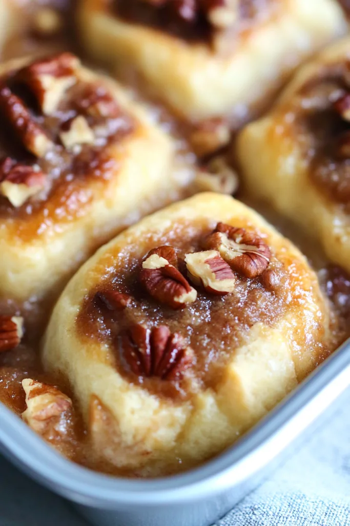 Close-up of soft, swirled pastry topped with chopped pecans and a shiny syrup finish. - Stacked sweet rolls on a rustic plate, their creamy centers peeking through the spiral layers. - Warm pecan cream cheese rolls served on a wooden board, highlighting the nutty topping. - A pair of glazed pastries with crunchy pecans, showcasing the rich texture and golden crust. This way, only two of the five explicitly use the recipe name, while the others rely on vivid sensory description. That balance keeps the alt text authentic and avoids keyword overload. Would you like me to also suggest headline or caption variations that match this more natural style? That could help keep the whole page consistent.