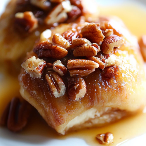 A pair of glazed pastries with crunchy pecans, showcasing the rich texture and golden crust.