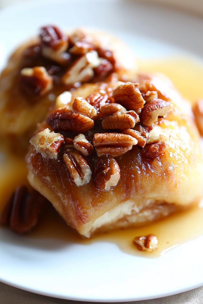 A pair of glazed pastries with crunchy pecans, showcasing the rich texture and golden crust.