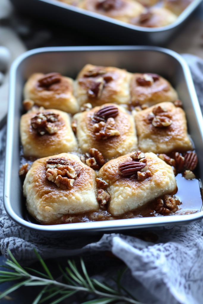 Golden sweet rolls filled with toasted pecans and creamy filling, ready to serve.