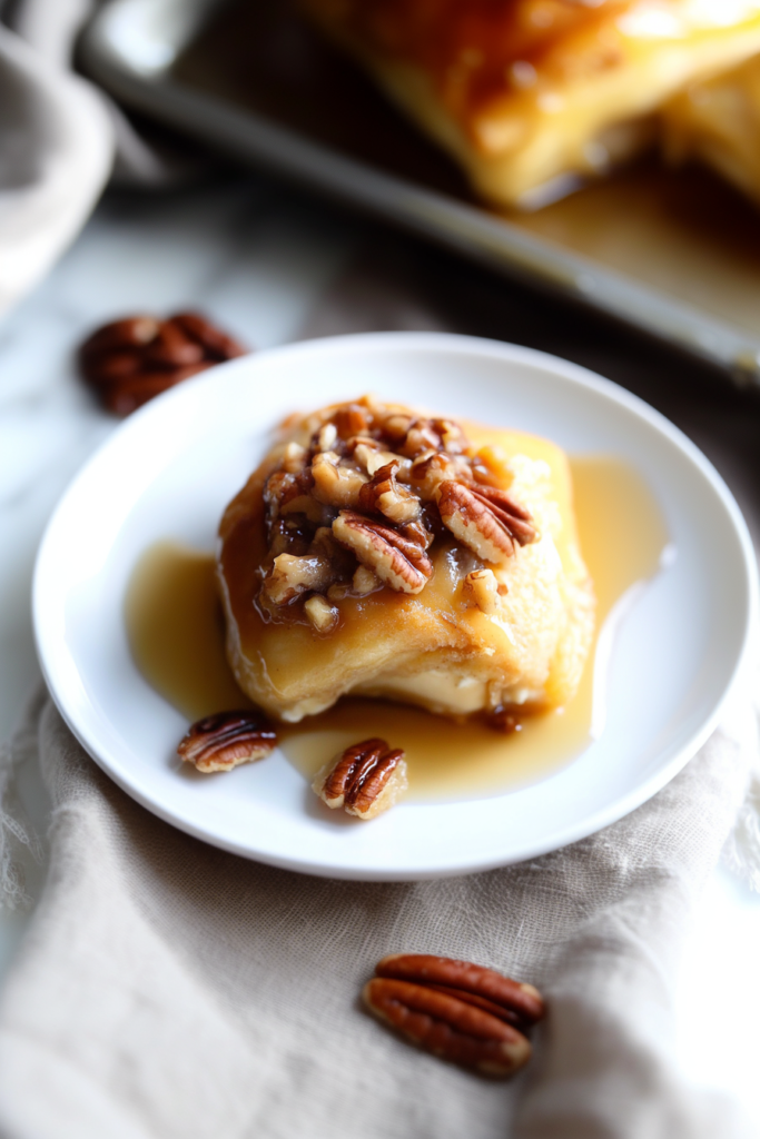 Warm pecan cream cheese rolls served on a plate, highlighting the nutty topping.