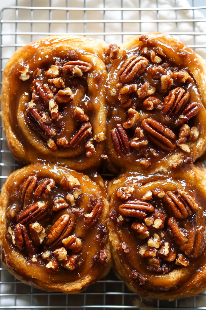 Freshly baked buns arranged on a white plate, showing their gooey texture.