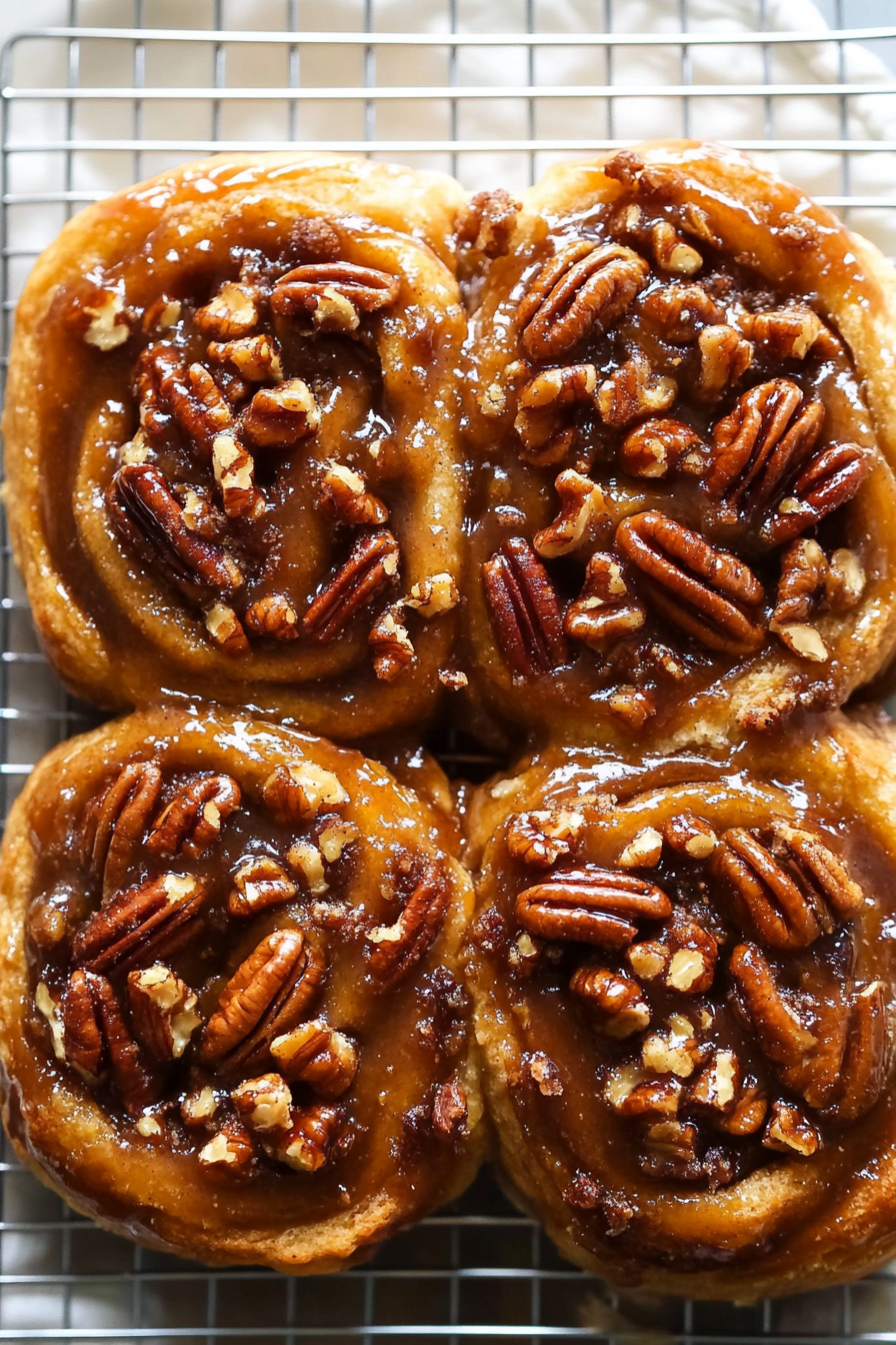 Freshly baked buns arranged on a white plate, showing their gooey texture.