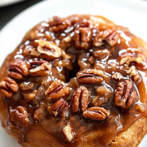 A swirl of dough layered with pecans and caramel, glistening under the light