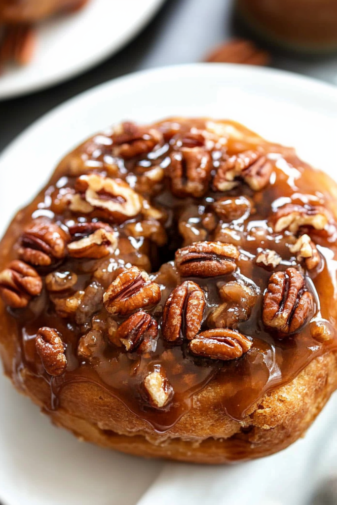 A swirl of dough layered with pecans and caramel, glistening under the light