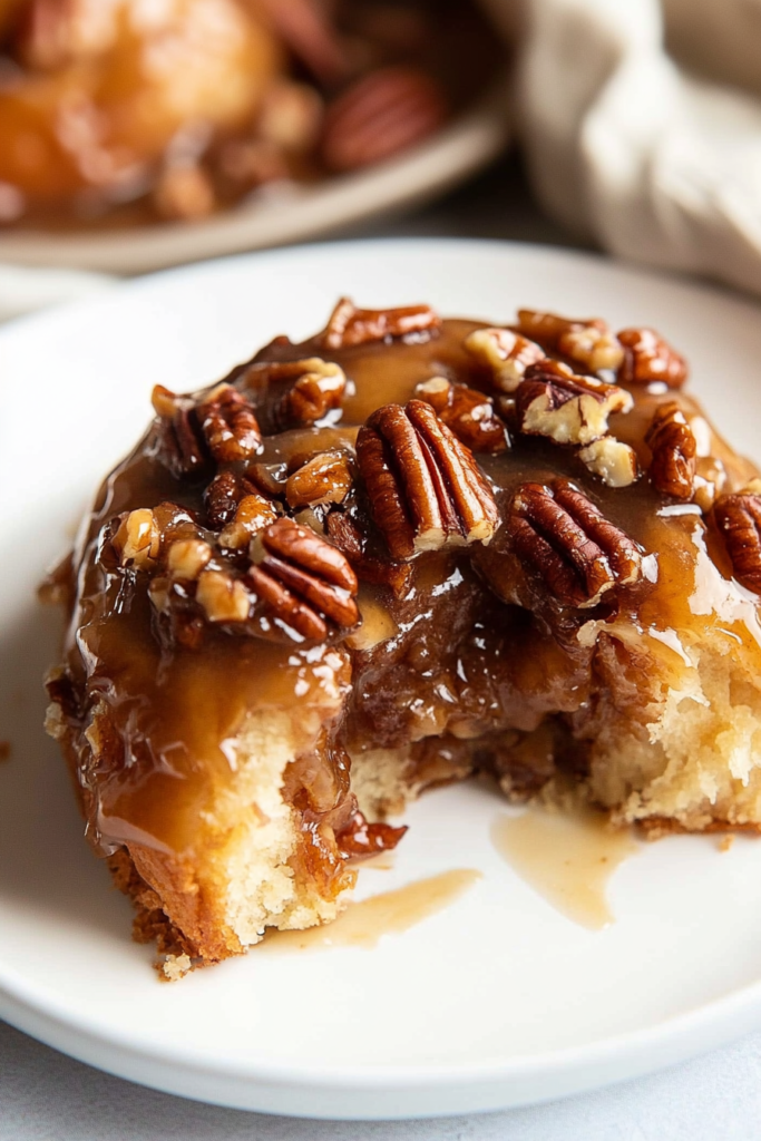 Golden-brown sticky buns topped with glossy caramel and whole pecans.