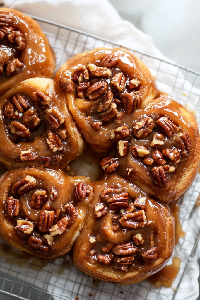 Final presentation of Pecan Sticky Buns with a thick, glossy topping of caramelized nuts.