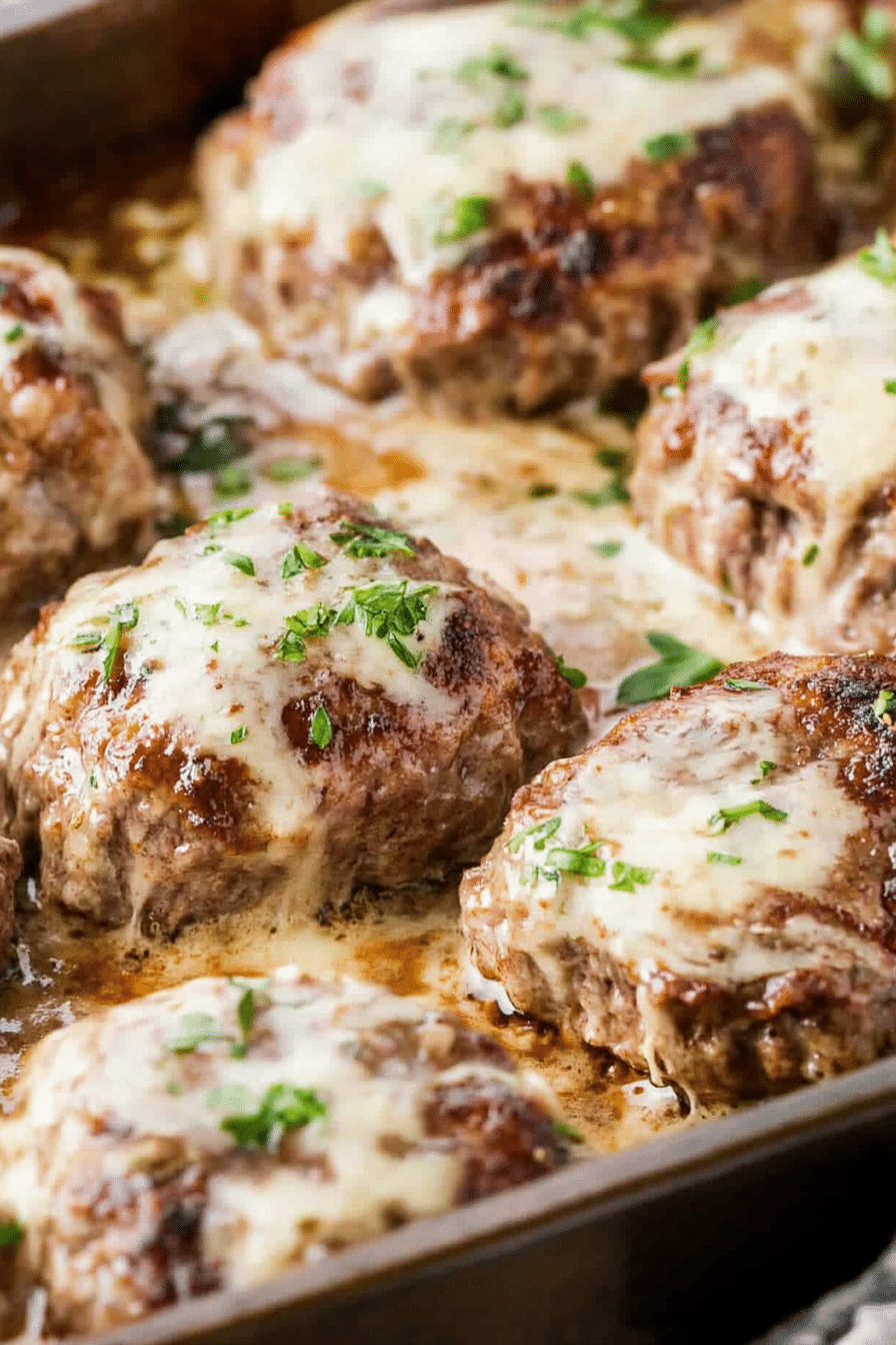 Close-up of baked beef patties smothered in smooth, flavorful gravy.